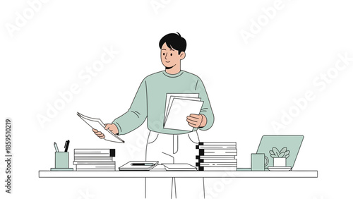 Illustration of a young man organizing paperwork at a cluttered desk for work or study