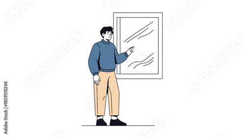 illustration of a young man pointing at a modern glass window in a minimalistic style