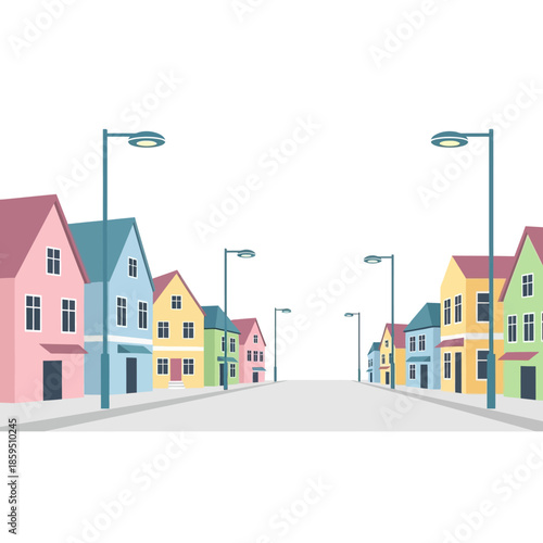 Colorful row of houses on a suburban street with streetlights.