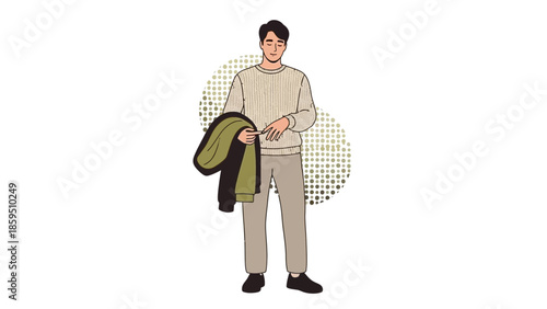 Illustration of a young man packing a jacket and casual outfit for travel or daily activities in a