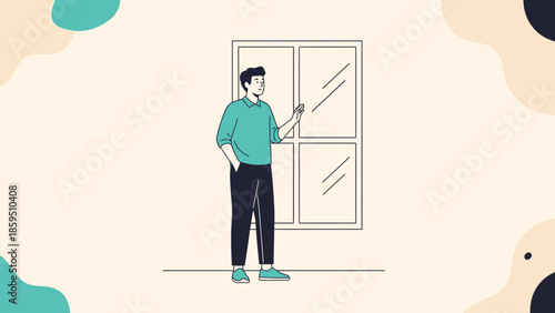 Illustration of a young man standing by a window and holding a glass of water in a minimalistic