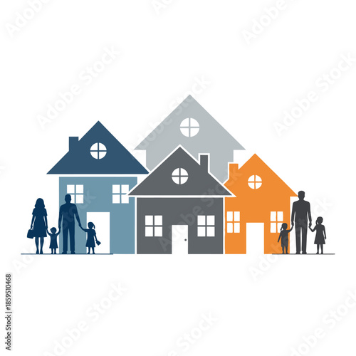 Diverse families and homes representing community and real estate.