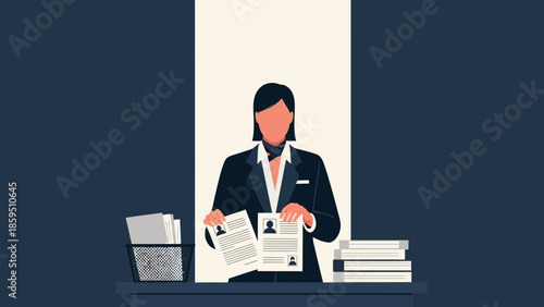Professional Woman Interviewing or Reviewing Documents at Office Desk with Files and Papers