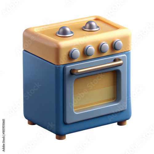 Detailed 3d render of a blue and yellow vintage style oven for e-commerce product showcases transparent background