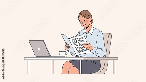 Professional Woman Reading Resume Document During Work at Modern Office Desk
