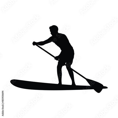 Silhouette of a person paddleboarding on calm water isolated design