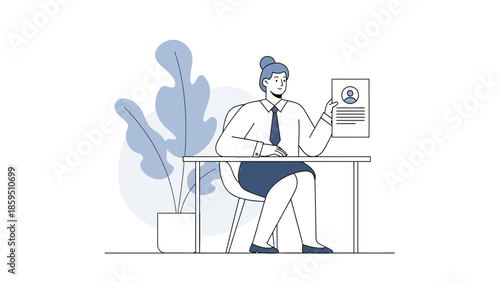 Professional woman reviewing her resume or profile in an office environment with plant decor in a