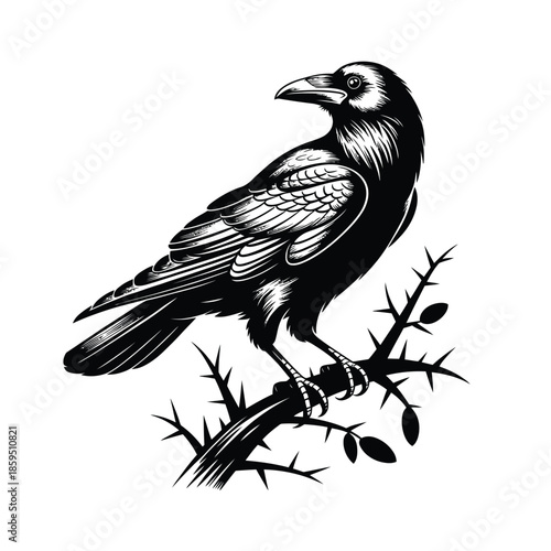 A detailed black and white illustration of a raven on a branch
