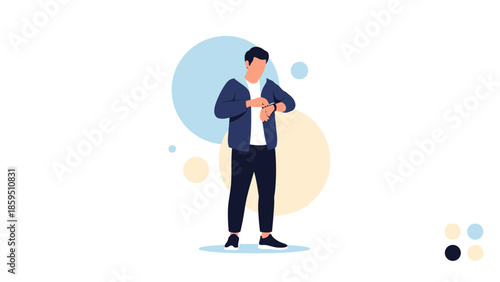 Stylish man checking smartwatch with casual outfit standing isolated on white background