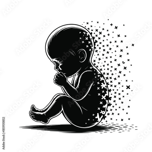 A fading baby silhouette dissolving into particles of light and shadow