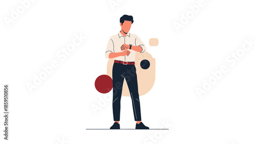 Stylish man checking smartwatch while standing confidently with abstract background