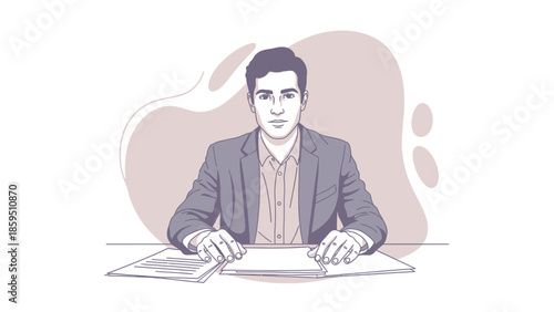 Stylish professional businessman sitting at desk in a modern office setting with confident