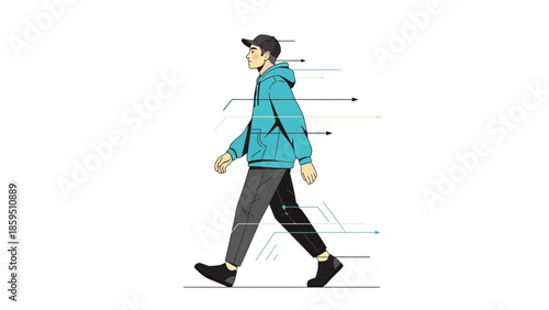 Stylish young man walking outdoors wearing a blue hoodie and black pants with a cap