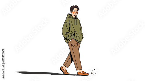 Stylish young person walking in casual outfit with hoodie and brown trousers in minimalistic