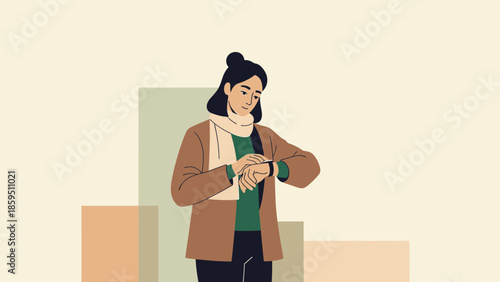 Stylish young woman checking her smartwatch while standing against an abstract geometric background