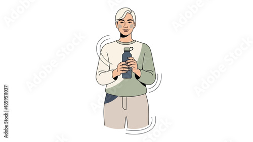 Stylish young woman holding and drinking from a water bottle with a confident expression