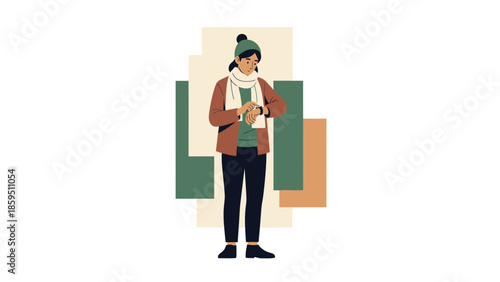 Stylish young woman checking her smartwatch in a modern abstract background illustration