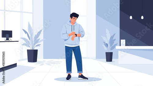 Young man checking smartwatch in modern kitchen with minimalistic decor and natural sunlight