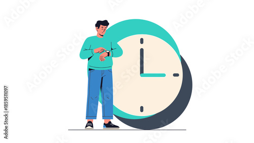 Young man checking the time on his wristwatch beside a large clock illustrating time management