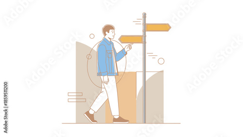 Young man contemplating direction options at a signpost symbolizing decision making and future
