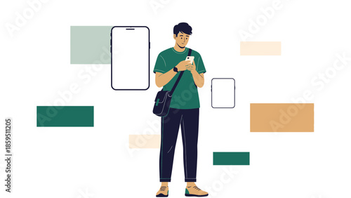 Young man engaged with smartphone, modern casual attire, backpack, standing in front of abstract