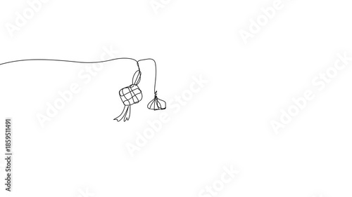 Continuous line Ramadan hanging decoration animation. One line lantern and ketupat ornaments on clean white background
