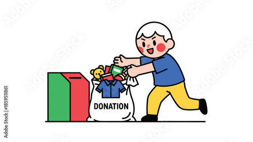 Cartoon Character Donating Toys and Clothes to Charity Box