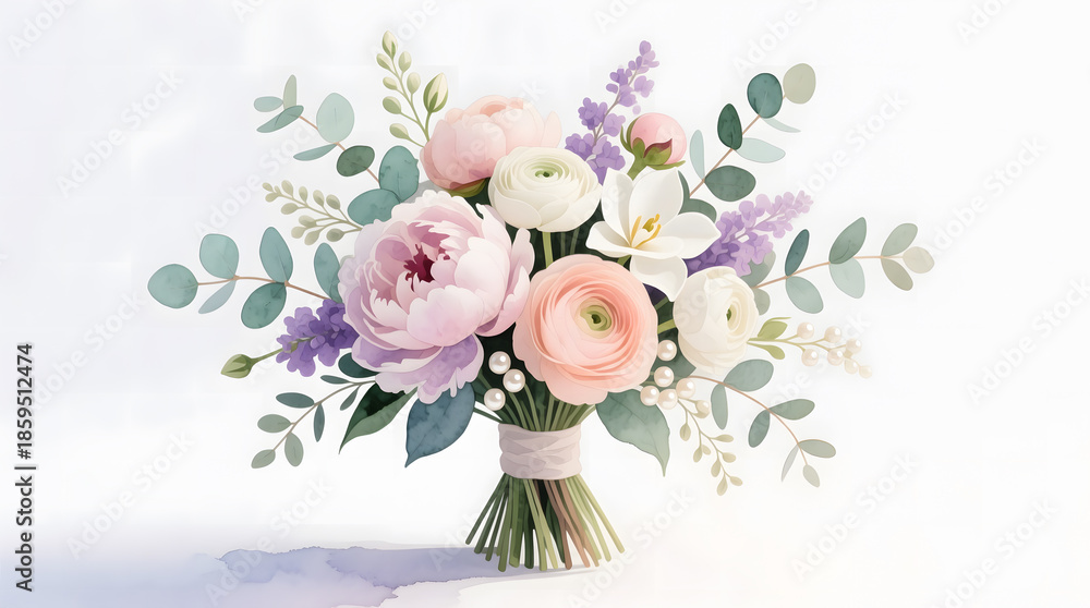 Fototapeta premium Watercolor illustration of a soft pastel wedding bouquet featuring peonies and ranunculus.
