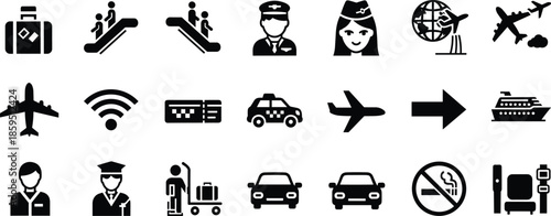 Airport travel icons set with airplane, luggage, staff, escalator, boarding pass, taxi, cruise ship, seating, Wi‑Fi, security services