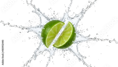 Fresh lime slices splashing in water against a white background