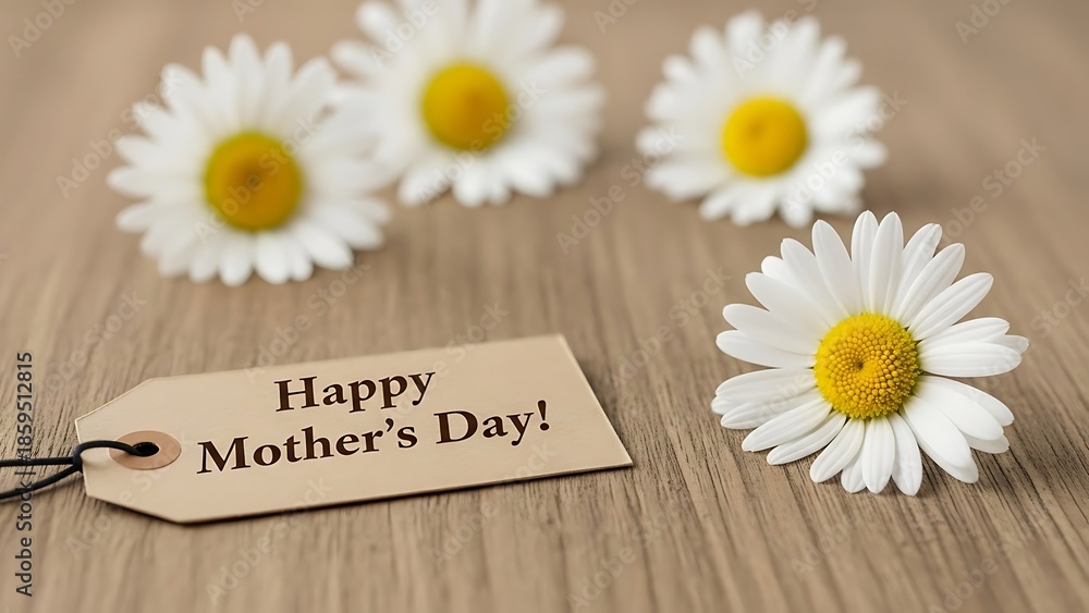 Obraz premium Happy Mother s Day Gift Tag with White Daisies on Rustic Wooden Background - Warm & Elegant Greeting Card Design for Mom