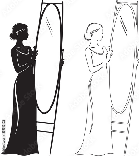 Elegant woman in long dress admiring herself in a large oval mirror