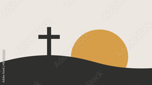 A Christian cross silhouette on a dark hill with a vibrant orange sun partially visible above the horizon