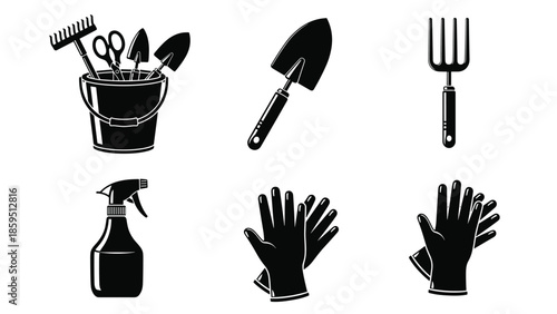 Gardening tools icons set, bucket with tools, trowel fork gloves spray bottle, garden equipment collection, black silhouette vector illustration