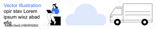Remote work, cloud computing, delivery logistics, digital services, connectivity solutions, e-commerce. Woman using laptop, cloud symbol delivery truck illustration. Cloud computing and remote work