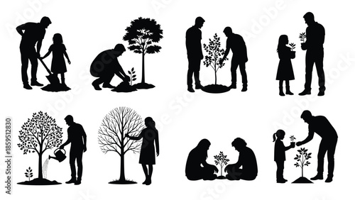 Family tree planting silhouettes showing parents and children nurturing plants, environmental care concept, growth and sustainability isolated white background vector illustration