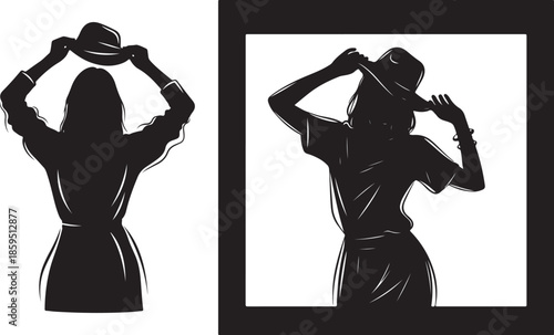 Elegant woman in silhouette adjusting her hat confidently