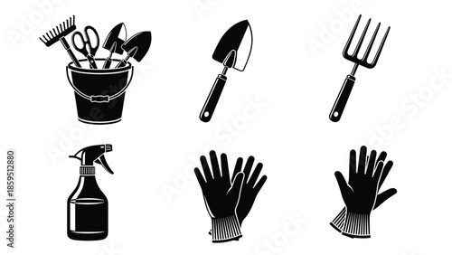 Gardening tools silhouette set including shovel fork gloves spray bottle, garden equipment collection isolated white background vector illustration design elements