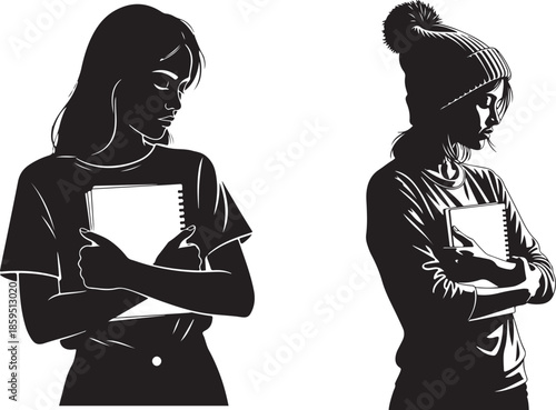 Thoughtful woman holding notebook and contemplating ideas