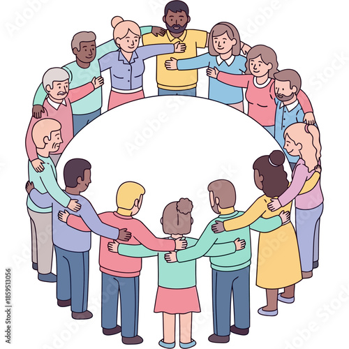 Diverse group of people standing in a circle, arms around each other, showing unity and support in a flat vector illustration
