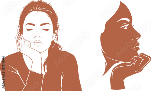 Serene woman in contemplation with closed eyes and hand on chin