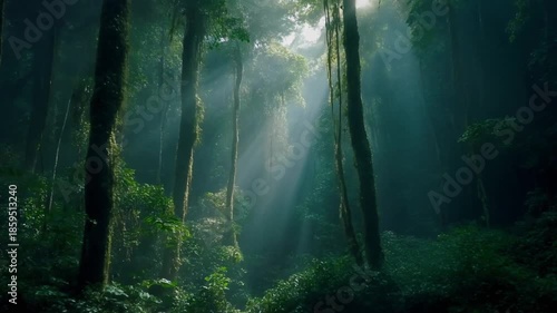 Sunbeams filter through the lush canopy of the Amazon jungle, creating a mystical and serene atmosphere