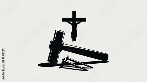 A powerful black silhouette shows Jesus on the cross with a hammer and three nails resting below him
