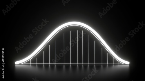 Elegant white neon normal distribution bell curve featuring a primary glowing outline and a subtle inner curve with vertical guide lines, set against a dark background