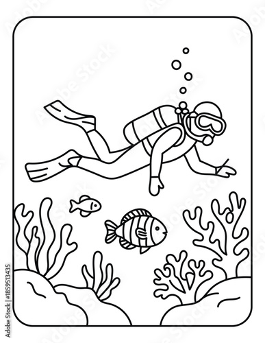Scuba Diver Underwater with Fish Line Art Illustration for Coloring Page