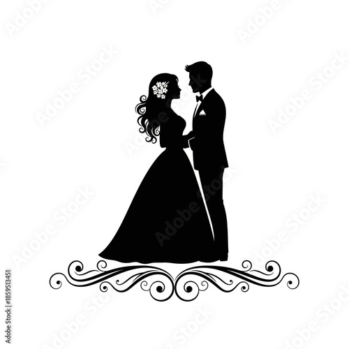 Elegant silhouette of bride and groom in formal wear, celebrating a wedding, expressing love and commitment, isolated on white