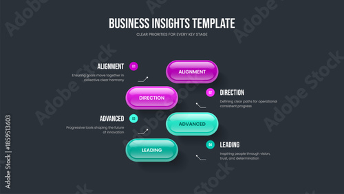 Project Strategy Four Element Diagram Slideshow Design. Enterprise Growth Frame Layout Vector Illustration. Professional Analysis 4 Option Infographic Presentation Template.