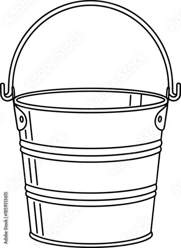 Black and white vector illustration of metal bucket with handle, simple cylindrical design, clean line drawing for educational and decorative use