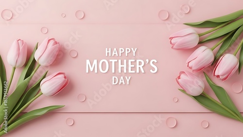 Elegant Happy Mother s Day Card with Pink Tulips & Foil Accents on Soft Pastel Pink Background - Beautiful Greeting Design