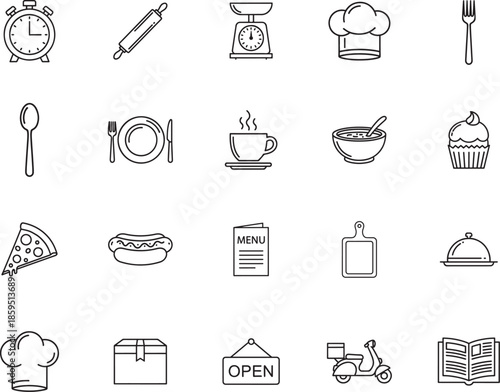 Food and Restaurant line art icon collection. Includes line art symbols chef, menu, pizza, coffee, delivery and more. Isolated icons. Restaurant icon set. 